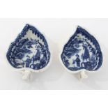 Pair 18th century Worcester / Caughley blue and white leaf-shaped pickle dishes with fisherman