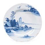 18th century English Delft blue and white plate, painted with Chinese-style landscape, circa 1760,