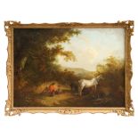 Edward Robert Smythe (1810 - 1899), oil on canvas - figures and a dog with two horses in a clearing,