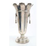 George V silver presentation vase of tapering cylindrical form, with engraved dedication,