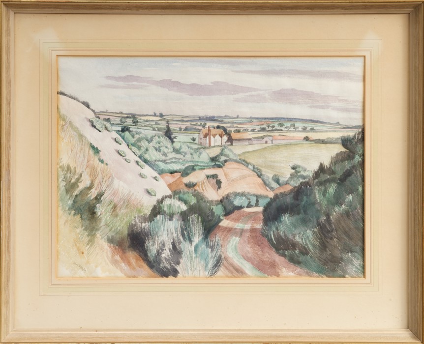 *John Nash (1893 - 1977), pencil and watercolour - The Ferriers, Bures, signed and dated '62,