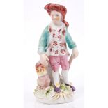 18th century Derby figure of a woodsman with axe and brazier emblematic of winter, on rococo base,