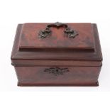 Early George III mahogany tea caddy with surmounting rococo swing handle, raised on plinth base,