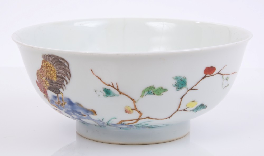 Fine 18th century Chinese 'chicken' bowl with polychrome painted cockerel eating an insect and hen - Image 2 of 17