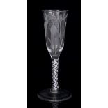 Georgian ale glass with engraved hop and barley bowl on double opaque twist stem, on domed foot,