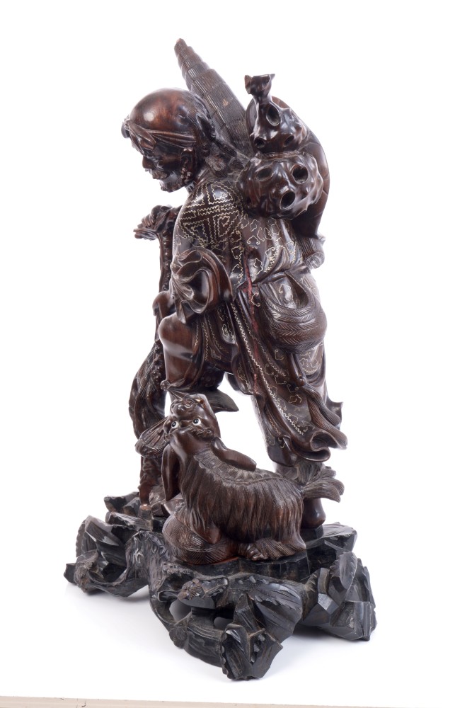Late 19th century Chinese carved hardwood figure of a peasant with dog with white metal wire inlay - Image 2 of 6