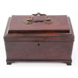 Good early George IV mahogany tea caddy with surmounted rococo swing handle,