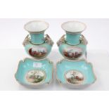 Pair 19th century Berlin porcelain vases with ram's head handles and painted figure reserves,