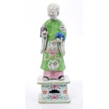 18th century Chinese export famille rose porcelain figure on stand of an immortal holding a lizard