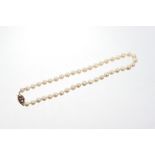 Cultured pearl necklace with a single string of 8mm cultured pearls, on a gold and amethyst clasp,