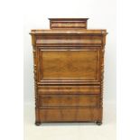 19th century Continental walnut secretaire abattant with square superstructure with single drawer