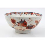 18th century Lowestoft Imari palette bowl decorated with Chinese landscape,