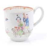 18th century Worcester coffee cup with polychrome painted Chinese figure decoration and gilt