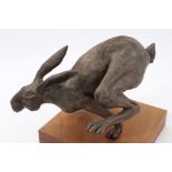 Mandy Dearsley, contemporary bronze resin sculpture - Running Hare, on wooden base,