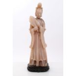 19th century Chinese carved pink soapstone figure of a Chinese goddess holding a fan,