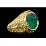 Carved emerald cameo ring, possibly Roman,