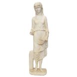 19th century carved white marble figure of a young girl, on plinth base,