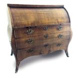 Early 19th century Dutch walnut bombe cylinder-top bureau with pull-out slide and revolving top