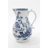 18th century Lowestoft blue and white cider jug with painted Chinese garden decoration and loop