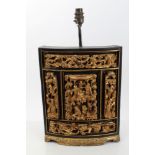 19th century Chinese giltwood and lacquer panel decorated with figure, mounted as a table lamp,