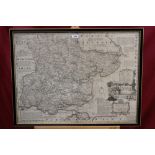 18th century engraved map of Essex, by Eman Bowen, with slight hand colouring, in glazed frame,