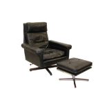 1960s Eames-style Norwegian black leather desk chair and matching stool,