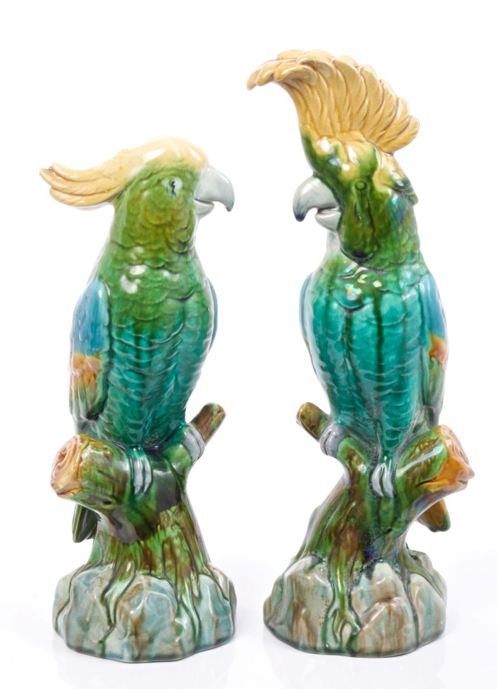 Pair late Victorian Minton Majolica parakeet ornaments with yellow, green, blue and brown glaze,