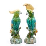 Pair late Victorian Minton Majolica parakeet ornaments with yellow, green, blue and brown glaze,