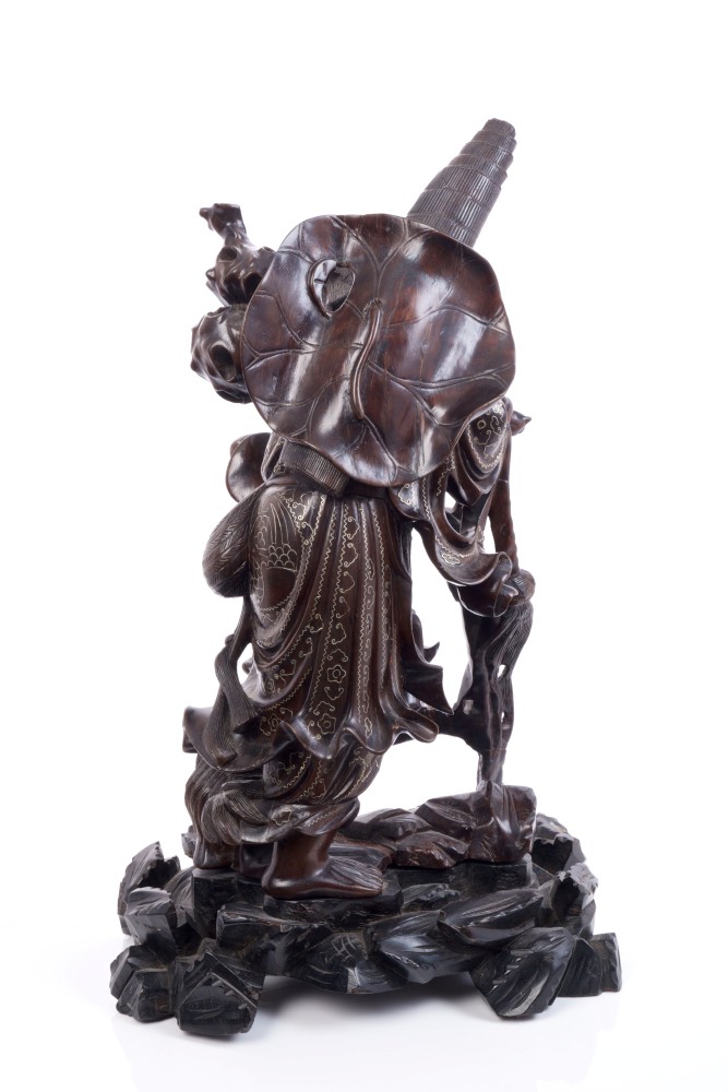 Late 19th century Chinese carved hardwood figure of a peasant with dog with white metal wire inlay - Image 6 of 6