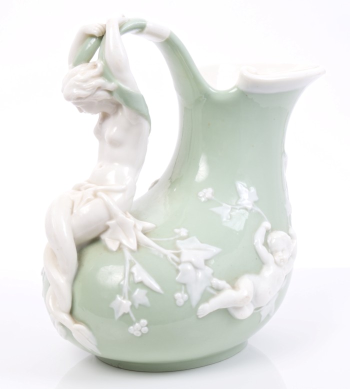 Victorian Minton green and white glazed ewer after the antique,