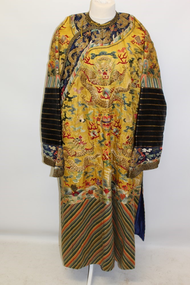 Early 20th century Chinese Dragon robe - Imperial yellow silk dragon and other symbols and motifs,