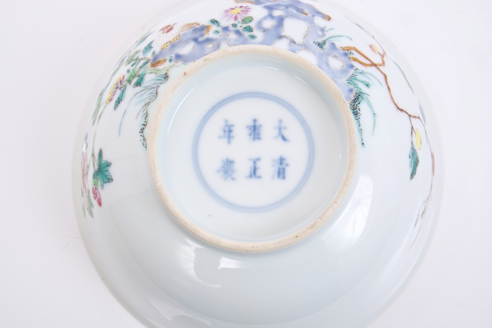 Fine 18th century Chinese 'chicken' bowl with polychrome painted cockerel eating an insect and hen - Image 6 of 17