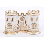 Unusual early 19th century Minton Castle inkstand with two castellated turrets and Gothic arched