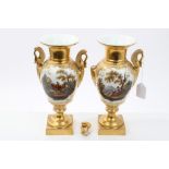 Pair early 19th century French, probably Paris porcelain vases with classical gilt swan handles,