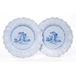 Pair 18th century Bristol Delft blue and white plates with petal-shaped bianco-sopra-bianco borders