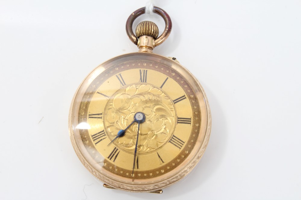 Early 20th century ladies' gold open face gold (9ct) keyless fob watch with foliate and engraved