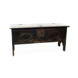 17th century carved oak six-plank coffer,