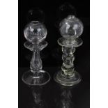 19th century glass lacemakers' oil lamp with facet cut bowl and baluster stem on splayed foot, 18.