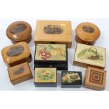 Collection of five Mauchline ware boxes with transfer printed designs including Royal Crescent,