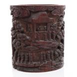 19th century Chinese carved bamboo brush pot intricately carved with figures in continuous