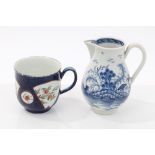 18th century Worcester blue and white sparrow beak cream jug with Chinese landscape decoration,