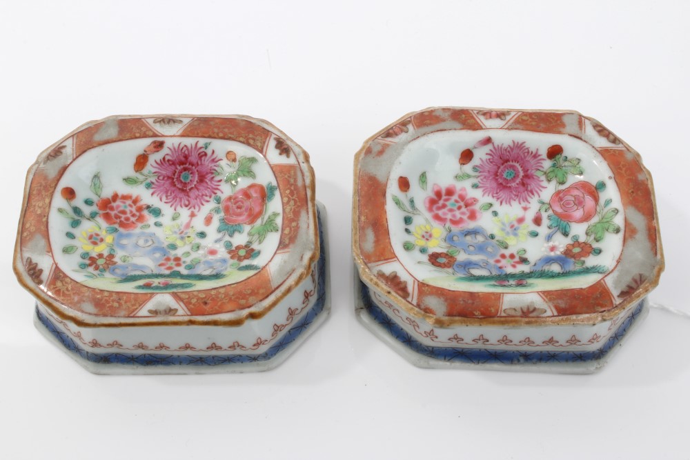 Pair mid-18th century Chinese export famille rose trencher salts of octagonal form,
