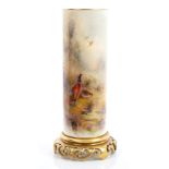 Royal Worcester James Stinton decorated cylinder vase with finely painted pheasants in landscape