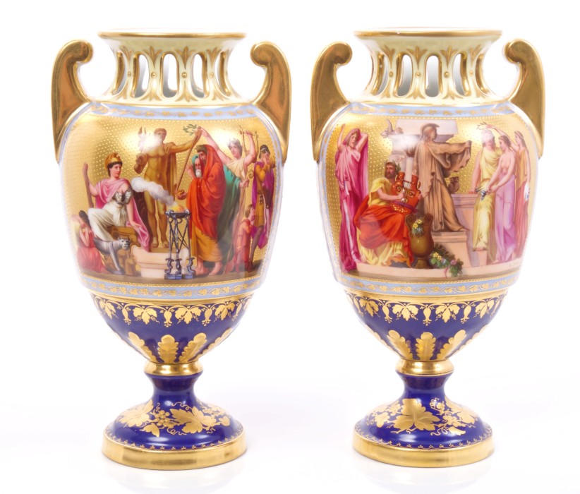 Fine pair 19th century Austrian Vienna porcelain vases with pierced collars and twin gilt scroll