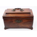 Good George III mahogany tea caddy with stepped cover surmounted by bronze handle,