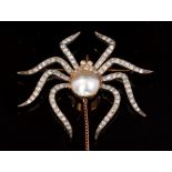Unusual early 20th century diamond and mabe pearl brooch in the form of a spider,