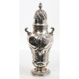 Early George V silver sugar caster of inverted baluster form, with panels of foliate decoration,