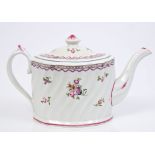 Late 18th century Newhall-type spiral fluted oval teapot and cover with painted floral sprigs,