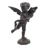 Good 19th century bronze fountain, modelled as a winged putto holding a dolphin,