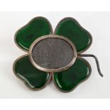 Victorian silver and green enamel photograph frame in the form of a four-leaf clover,